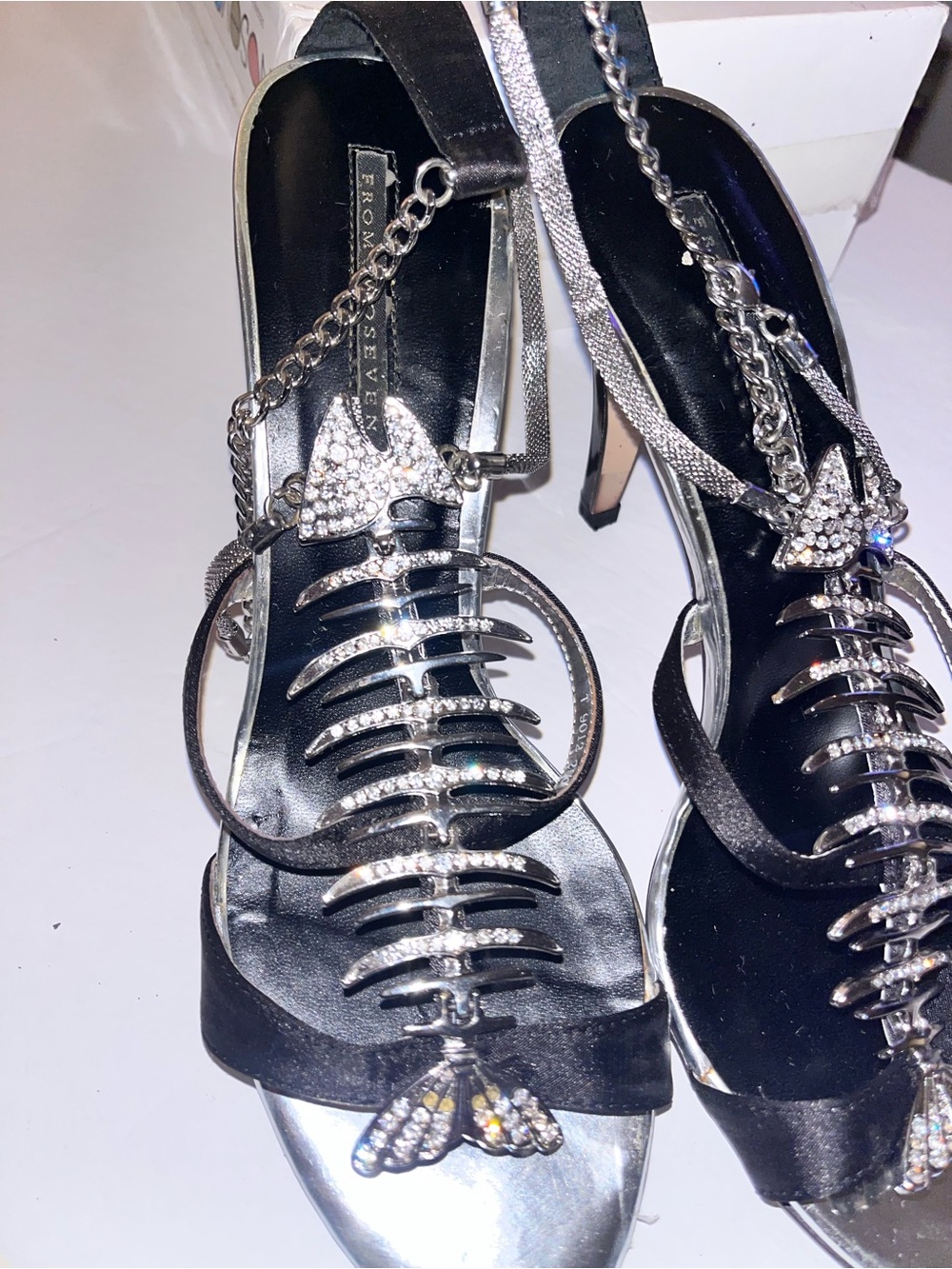 Women's Silver Crystal Fishbone Strappy Heels